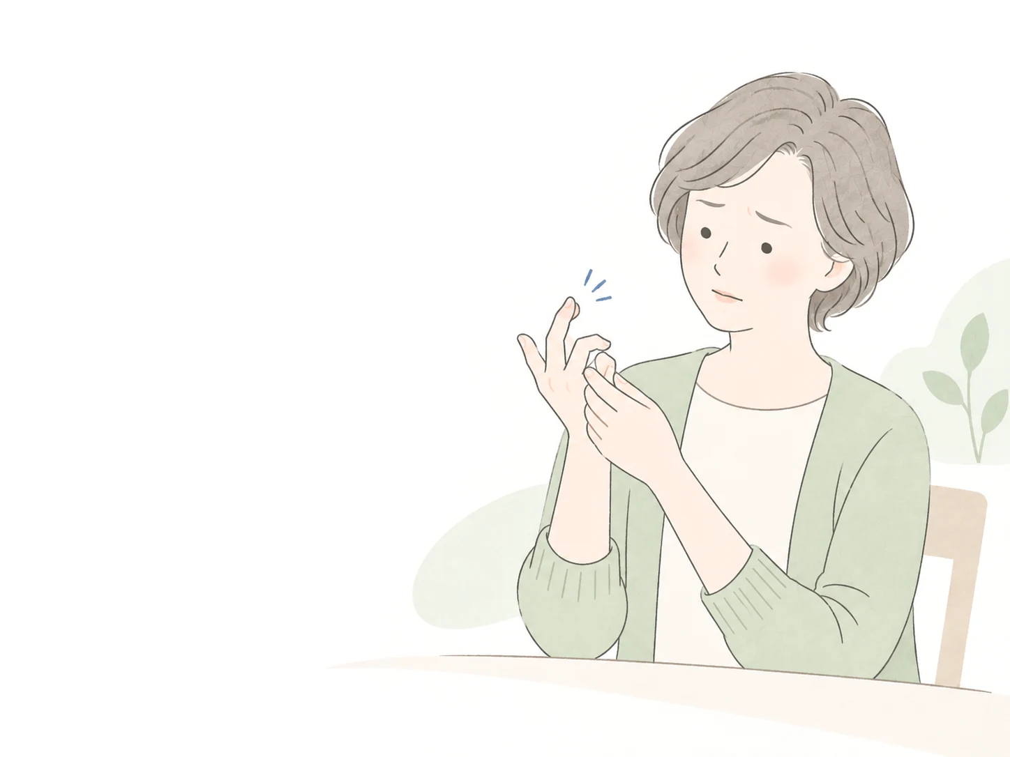指の痛みや引っかかりを気にして、自分の指を見ている女性のイラスト