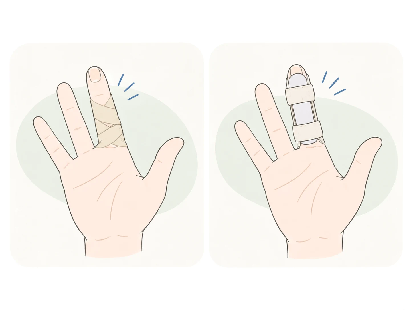 指にテーピングを巻いた手と、指に簡単なサポーターを着けた手のイラスト
