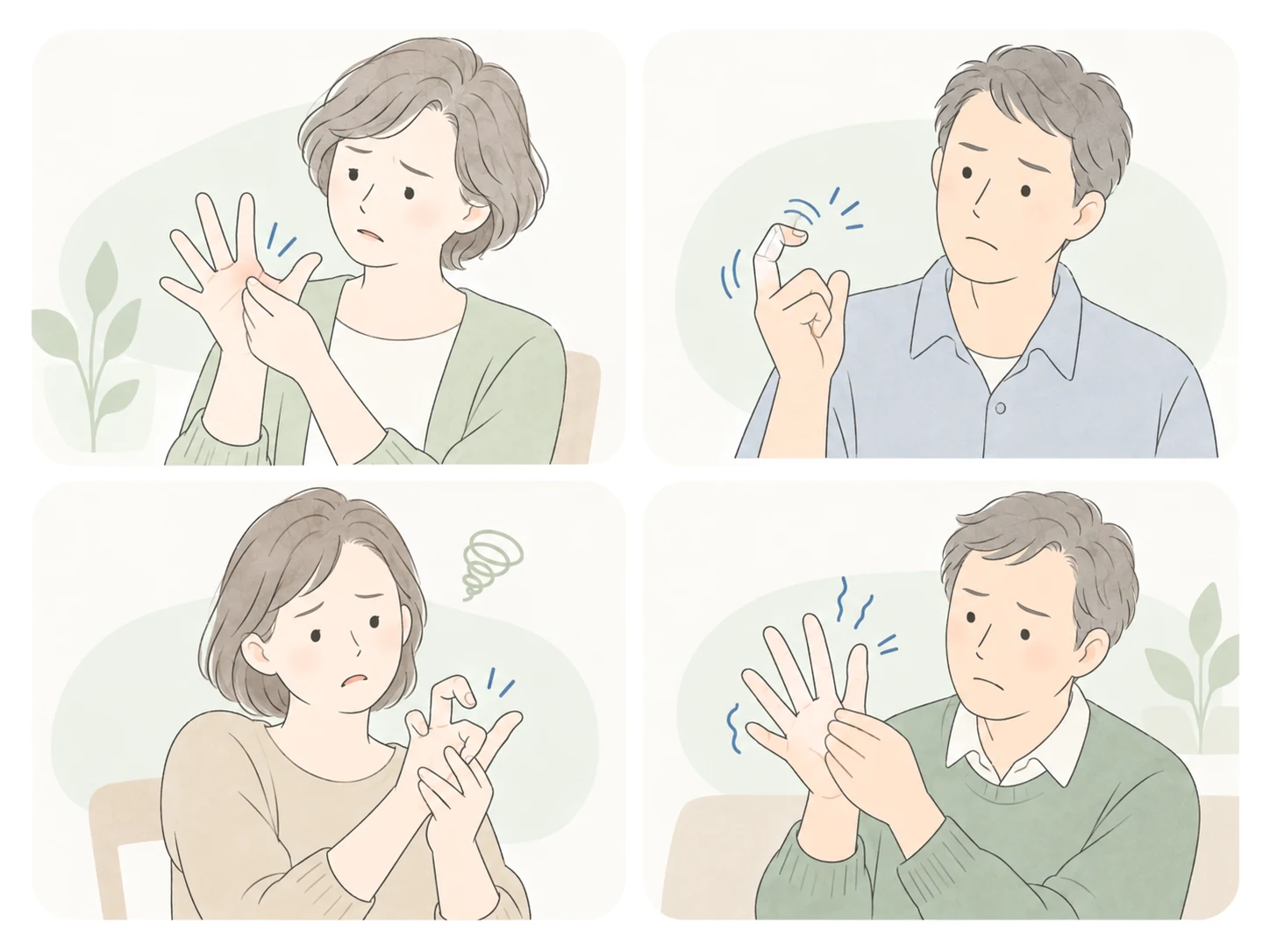 指の付け根を押さえて痛がる女性、指の引っかかりを気にする男性、曲がった指を反対の手で伸ばそうとする女性、指の硬さを気にする男性の4つの場面のイラスト